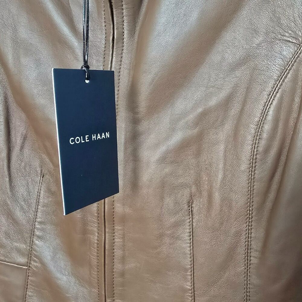 NWT Cole Haan Size Medium Hickory Women's Wing Collar Leather Jacket $498 MSRP - Picture 5 of 9